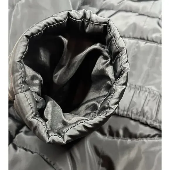 Bebe Long Black Puffer Coat Belted Gold Accents Womens L Double Zipper Hooded - Picture 7 of 16